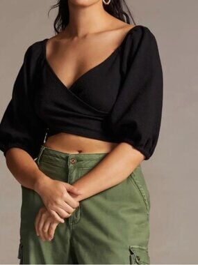 Anthropologie Maeve Surplice Crop Top Balloon Sleeve